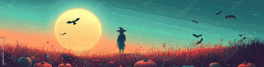 A silhouette of a figure in a hat stands among pumpkins under a large moonlit sky. A silhouette of a figure in a hat stands among pumpkins under a large moonlit sky.