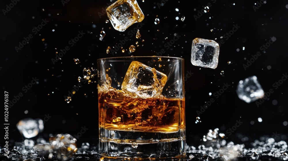 A glass of whiskey splashing, with ice cubes suspended mid-air, creating a dramatic contrast against the black background A glass of whiskey splashing, with ice cubes suspended mid-air, creating a dramatic contrast against the black background
