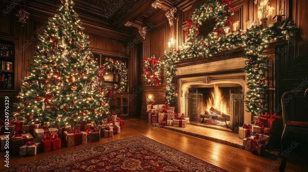 Beautiful Christmas decorations under the tree. AI generated illustration. Beautiful Christmas decorations under the tree. AI generated illustration.