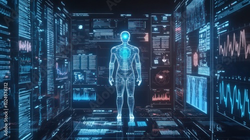 A holographic human figure surrounded by data visualizations and digital interfaces.