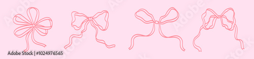Set of minimalist various bow knots, laces, ribbons. Hand drawn Vector illustration in coquette Lolita style. Isolated design elements. Wedding celebration, valentine'a day, party, gift decor concept.