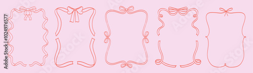 Vintage bows and ribbons frame for greeting cards, wedding or birthday party, picnic invitations. Cute elegant coquette Lolita style. Hand drawn ribbons border illustration for social media decoration