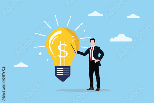 A businessman is showing the sector of capital investment. A concept diagram of new business startup ideas and entrepreneur funding. A business concept illustration of making money.