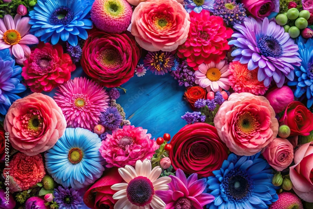Bold assortment of pink blue and red flowers in fisheye perspective Bold assortment of pink blue and red flowers in fisheye perspective