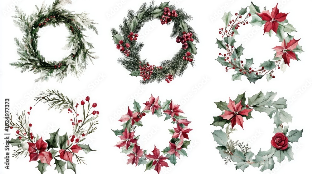 Elegant Christmas wreaths sticker pack. AI generated illustration.