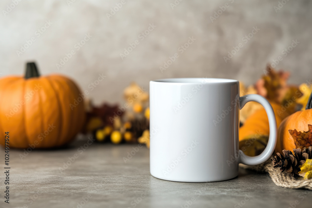 Thanksgiving Mug Display with Pumpkins, a cozy white mug adorned with autumn-themed decorations, surrounded by vibrant pumpkins and fall elements Thanksgiving Mug Display with Pumpkins, a cozy white mug adorned with autumn-themed decorations, surrounded by vibrant pumpkins and fall elements