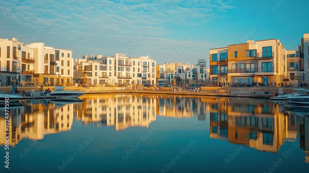 Naklejka premium A serene waterfront view showcasing modern architecture and reflections in calm water.