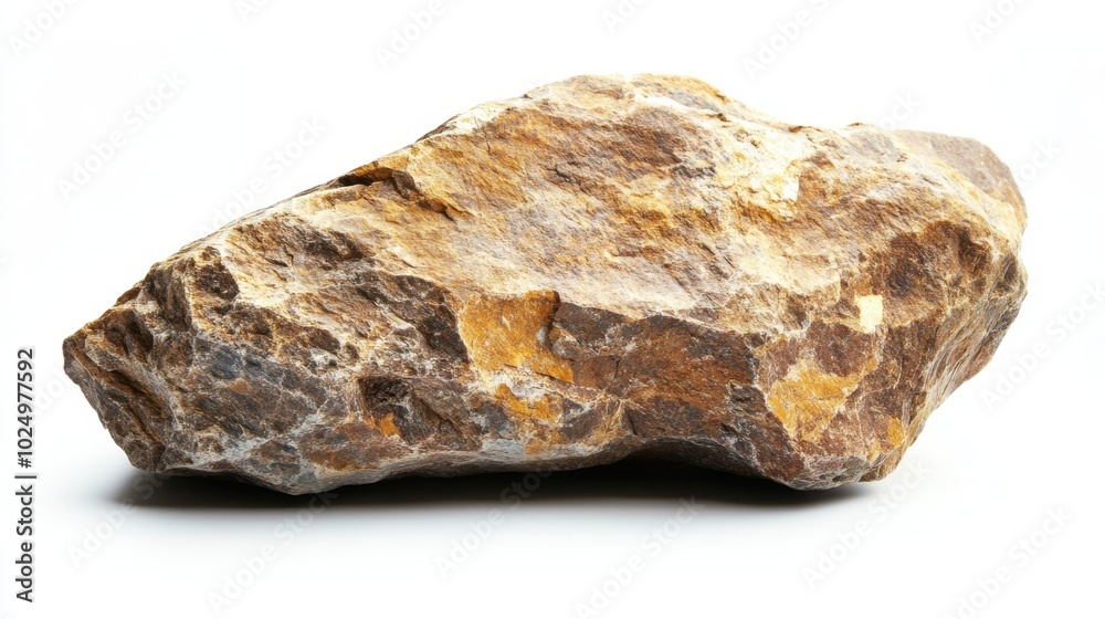 A rough rock with natural edges, isolated on a white background, highlighting its earthy texture and form