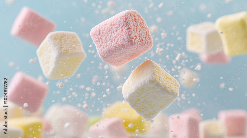 Colorful marshmallows floating in mid-air with a soft blue background during a whimsical setup Colorful marshmallows floating in mid-air with a soft blue background during a whimsical setup