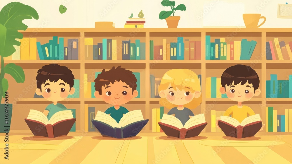 Four children reading books in a cozy library setting. Four children reading books in a cozy library setting.