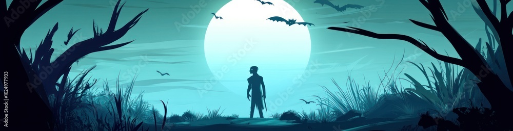 A silhouette of a boy stands against a large moon, surrounded by dark trees and bats. A silhouette of a boy stands against a large moon, surrounded by dark trees and bats.