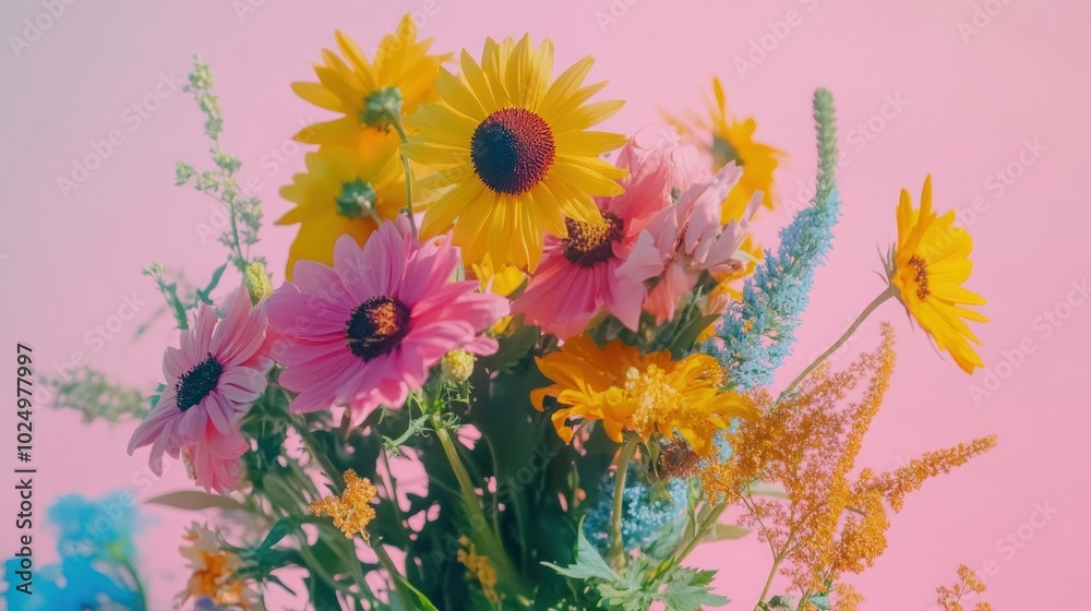 A vibrant bouquet of colorful flowers against a pink backdrop, showcasing nature's beauty. A vibrant bouquet of colorful flowers against a pink backdrop, showcasing nature's beauty.