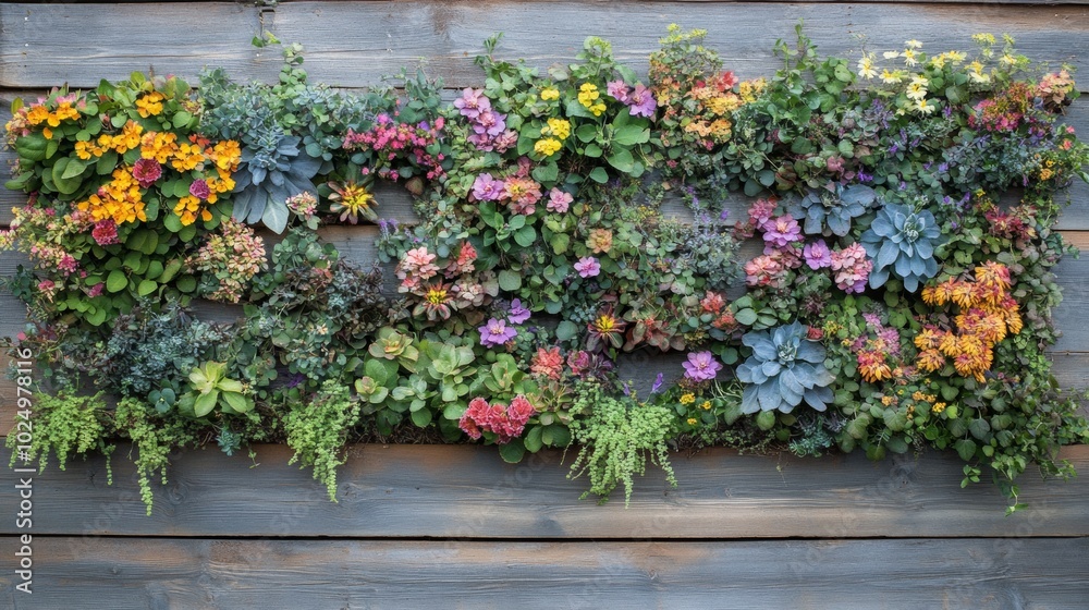 Rustic wooden wall adorned with vibrant vertical garden, lush creeping vines intertwining with colorful blooms, nature's harmony displayed Rustic wooden wall adorned with vibrant vertical garden, lush creeping vines intertwining with colorful blooms, nature's harmony displayed