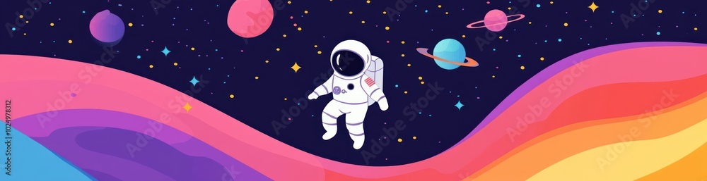 An astronaut floats through a colorful, cosmic landscape filled with planets and stars. An astronaut floats through a colorful, cosmic landscape filled with planets and stars.