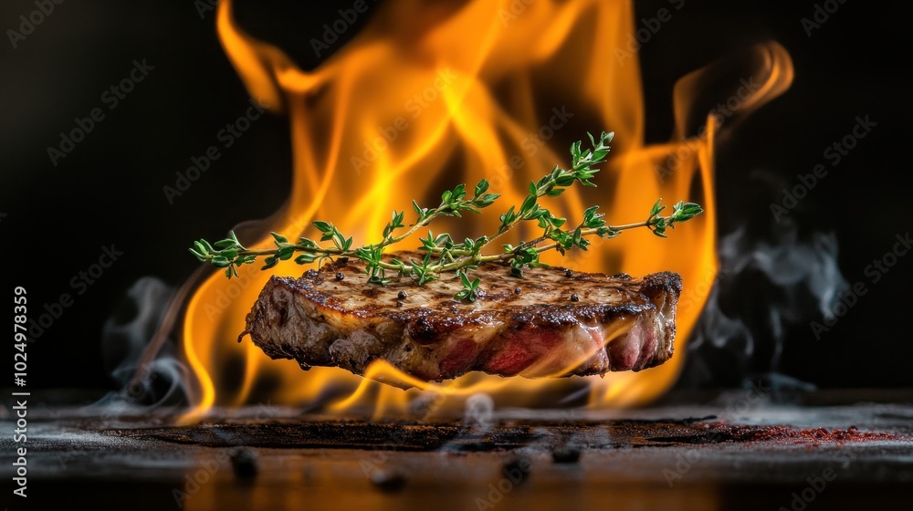 A sizzling steak garnished with thyme, surrounded by flames and smoke. A sizzling steak garnished with thyme, surrounded by flames and smoke.