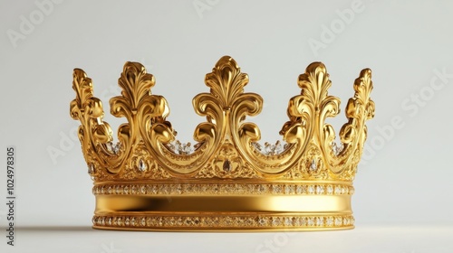 A shining golden crown with ornate designs, placed against a pure white background, symbolizing power and elegance -