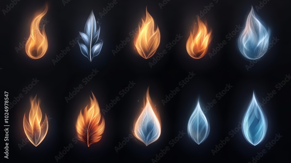 Fire and Ice Flame Set Glowing Energy Abstract Design Elements Fire and Ice Flame Set Glowing Energy Abstract Design Elements