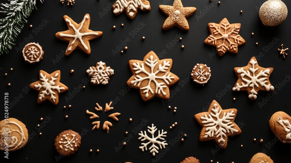 Christmas and New Year cookies on black background. AI generated illustration. Christmas and New Year cookies on black background. AI generated illustration.
