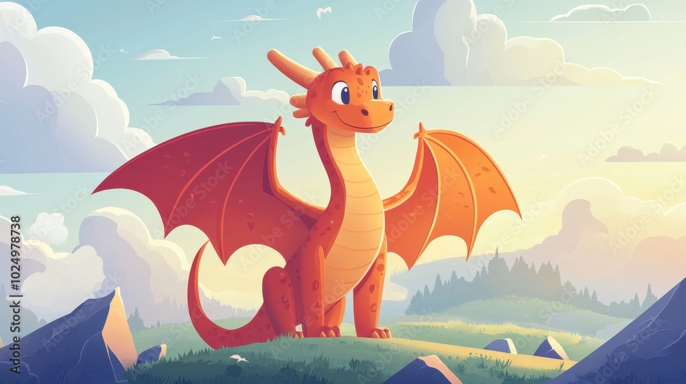 Fototapeta premium Cartoon dragon in a minimalist fantasy landscape, clean lines, simple forms, and negative space highlighting the mythical world., ,