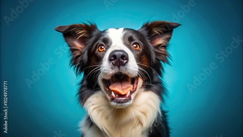 border collie catching treat in studio shot isolated on blue background