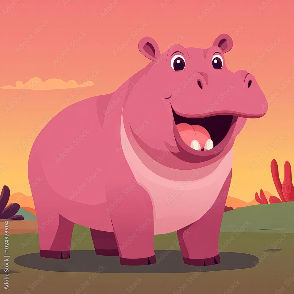 A cheerful cartoon hippo standing in a colorful landscape at sunset. A cheerful cartoon hippo standing in a colorful landscape at sunset.