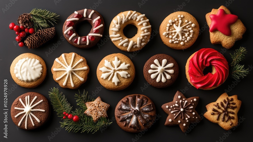 Christmas and New Year cookies on black background. AI generated illustration. Christmas and New Year cookies on black background. AI generated illustration.