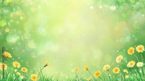 A serene background featuring yellow flowers on a green field with a soft bokeh effect.