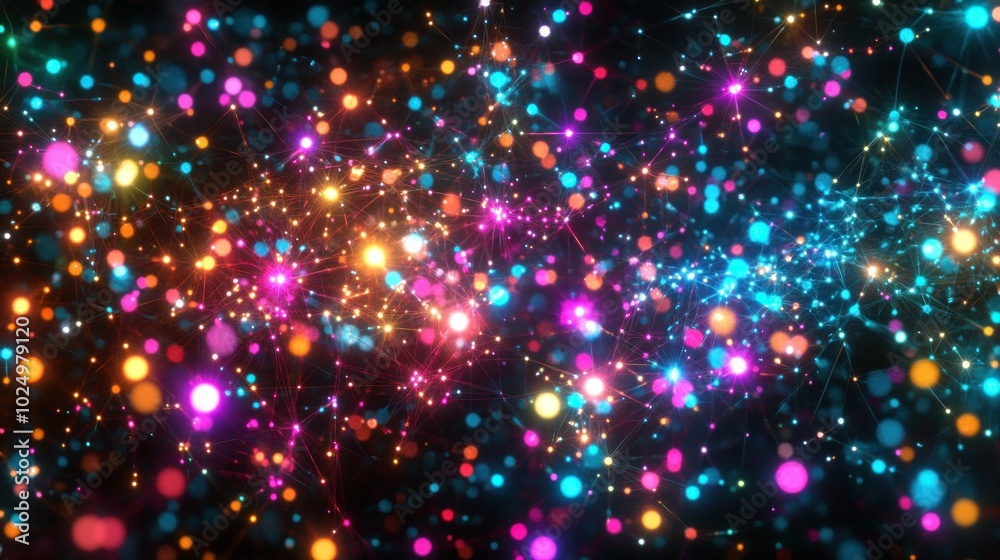 A vibrant display of colorful particles and connections, representing a digital network or galaxy. A vibrant display of colorful particles and connections, representing a digital network or galaxy.