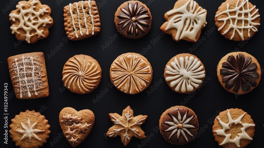 Fototapeta premium Christmas and New Year cookies on black background. AI generated illustration.