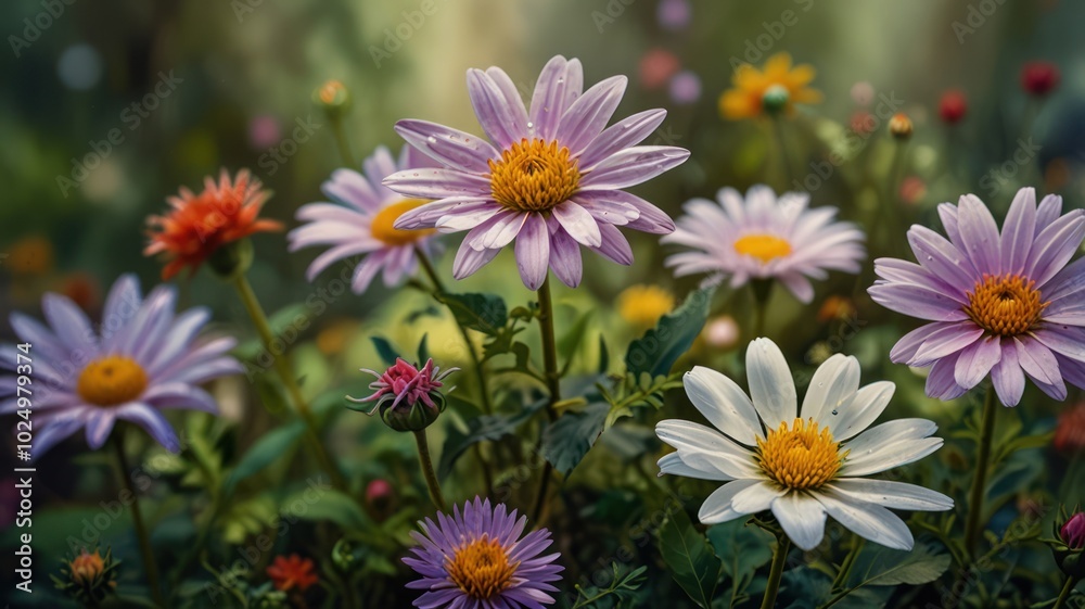 A close-up view of a field of purple and white daisies with a blurred background of green and yellow. A close-up view of a field of purple and white daisies with a blurred background of green and yellow.