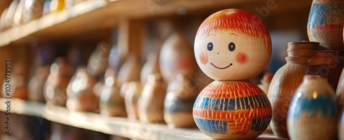 A colorful wooden doll with a smiling face, surrounded by various handcrafted items on a shelf. photo