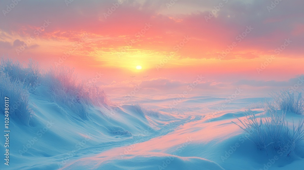 Fototapeta premium Serene Winter Sunrise Over Snowy Landscape, soft pastel hues blending with tranquil scenery, evoking peace and beauty of nature's dawn.