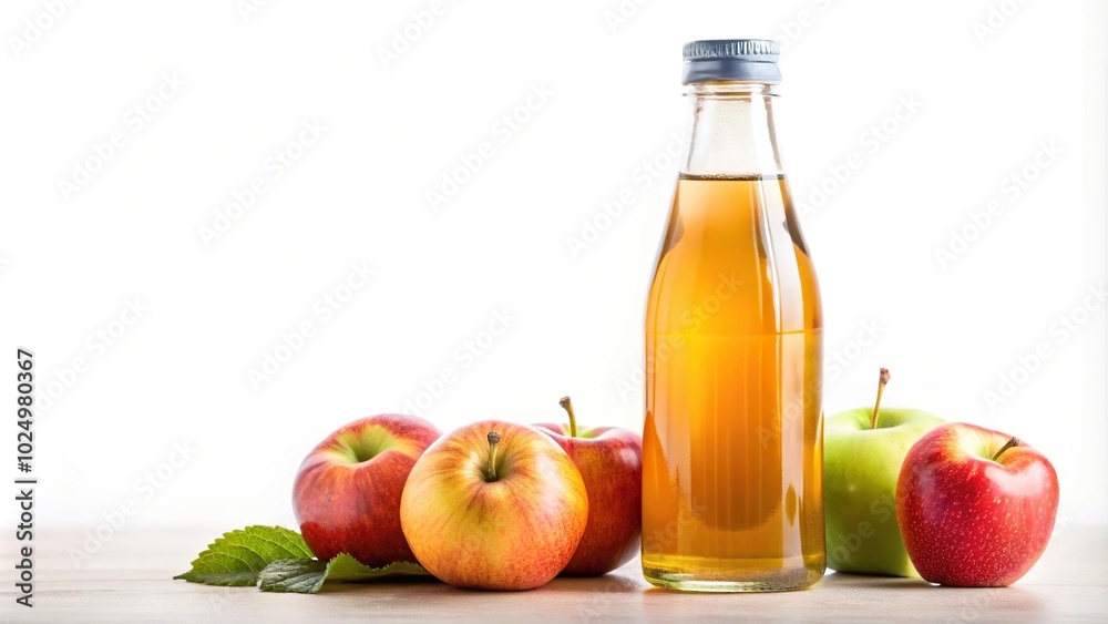 Bottle of apple juice on white background viewed from below Bottle of apple juice on white background viewed from below