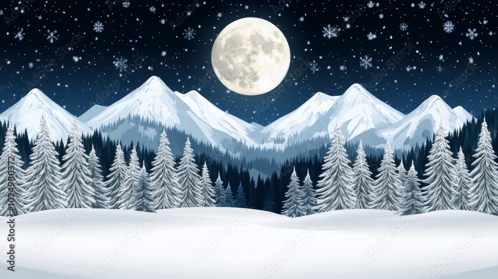 Snowy Mountain Landscape with Full Moon and Falling Snowflakes Snowy Mountain Landscape with Full Moon and Falling Snowflakes