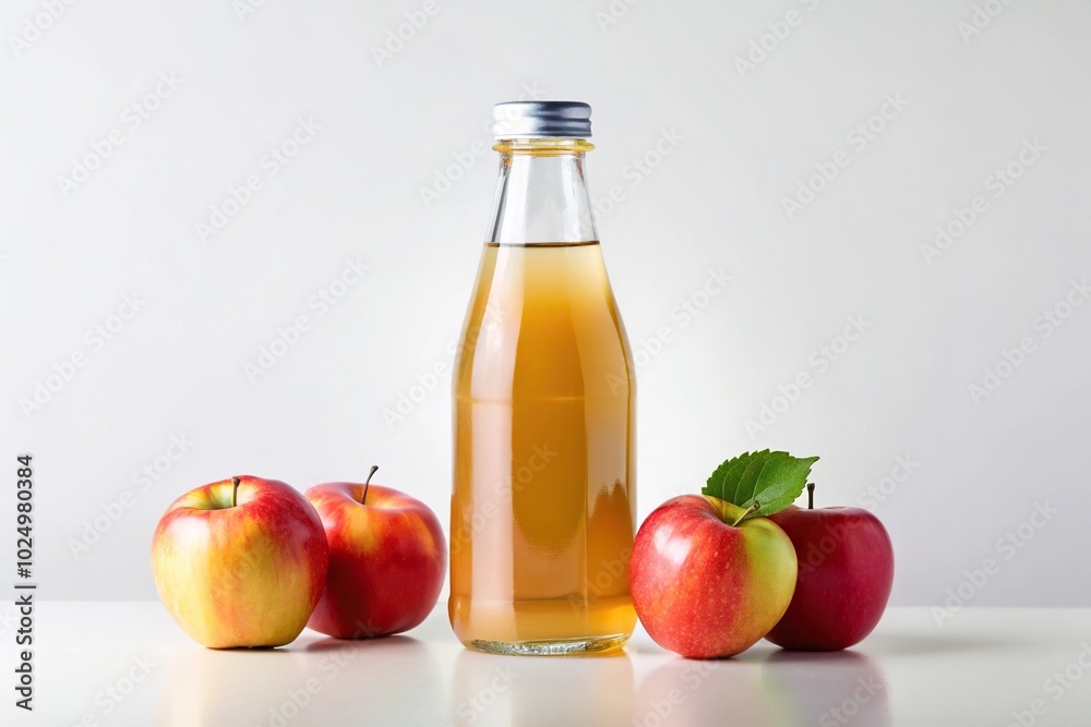 Bottle of apple juice with blank white label tilted angle Bottle of apple juice with blank white label tilted angle