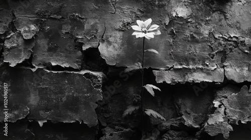 Resilient Blossom Defying Decay, a vibrant flower thrives amidst the crumbling remnants of an urban landscape, symbolizing hope and endurance