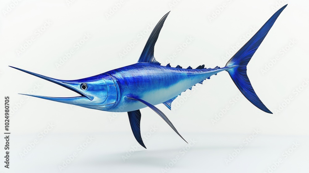 Fototapeta premium A vibrant blue marlin swordfish mid-jump, showcasing its sleek body and distinctive features, isolated against a clean white backdrop
