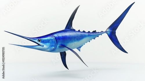 A vibrant blue marlin swordfish mid-jump, showcasing its sleek body and distinctive features, isolated against a clean white backdrop