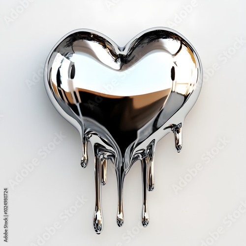 metallic chrome heart dripping liquid metal over clear background