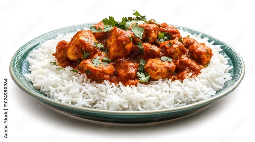 A vibrant plate of chicken curry served with basmati rice, isolated on a white background, showcasing traditional Indian spices and colors A vibrant plate of chicken curry served with basmati rice, isolated on a white background, showcasing traditional Indian spices and colors