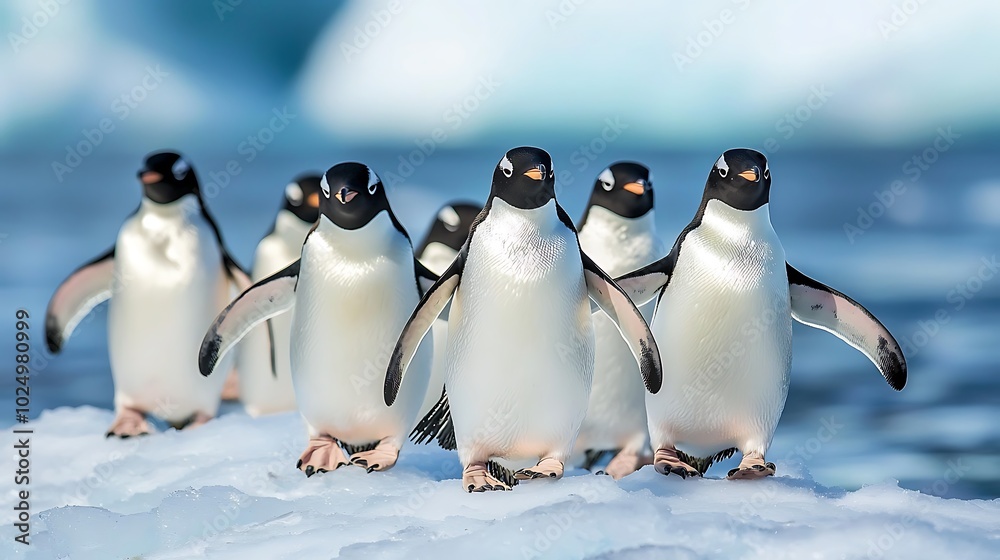 Fototapeta premium Adelie penguins walking on icy surface, white isolate background