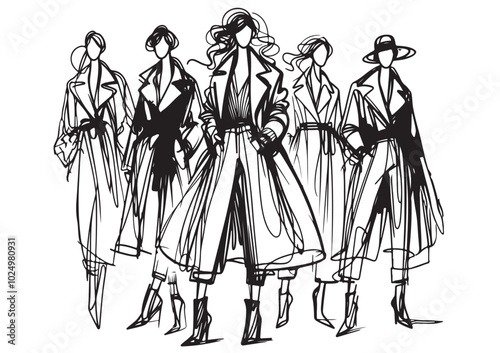 Stylish fashion models. girls Sketch in coat, winter outfit