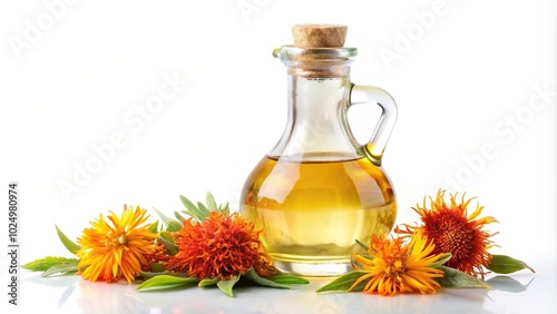 bottle of safflower oil on white background with forced perspective