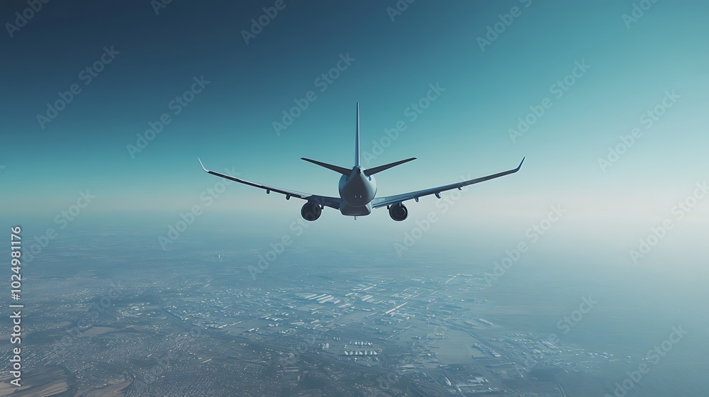 Fototapeta premium Airplane flying over landscape, clear blue sky background