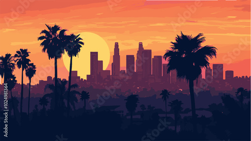 Los Angeles in Silhouette Palm Trees and Cityscape at Dusk.eps