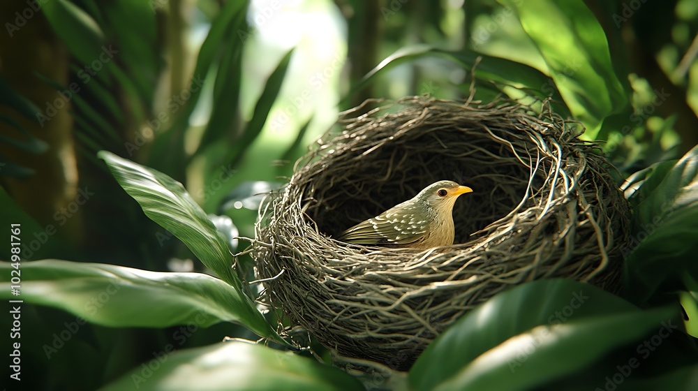 Bird in a nest surrounded by green foliage Bird in a nest surrounded by green foliage