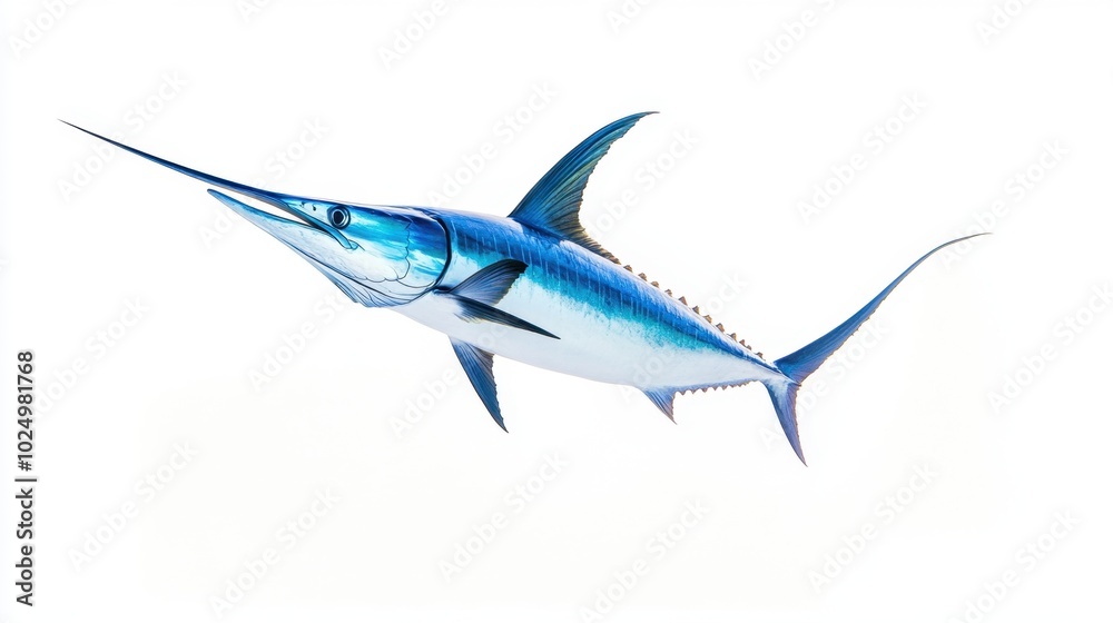 An action-packed image of a blue marlin swordfish soaring through the air, set against a white background, perfect for ocean-themed projects An action-packed image of a blue marlin swordfish soaring through the air, set against a white background, perfect for ocean-themed projects