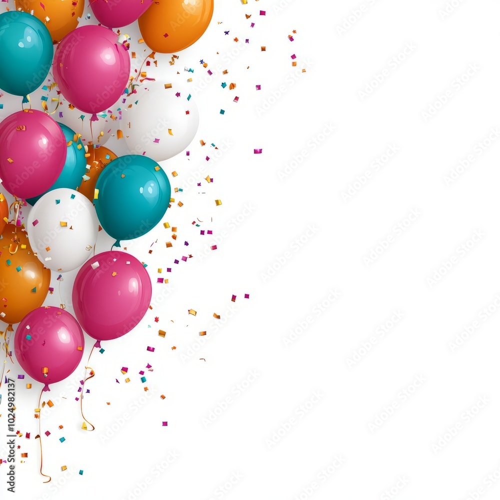 Colorful balloons and confetti create a festive celebration atmosphere. Colorful balloons and confetti create a festive celebration atmosphere.