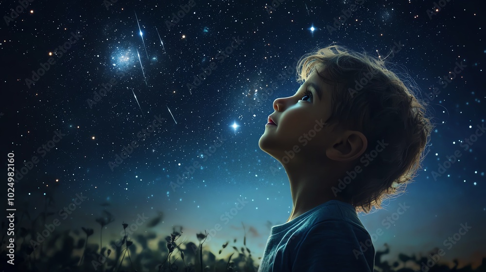 Child gazing at a starry night sky, contemplating the universe. Child gazing at a starry night sky, contemplating the universe.