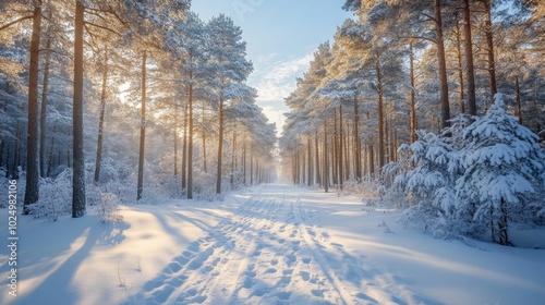 Snowy forest path, serene pine trees blanketed in fresh snow, faint footprints leading through tranquil winter landscape